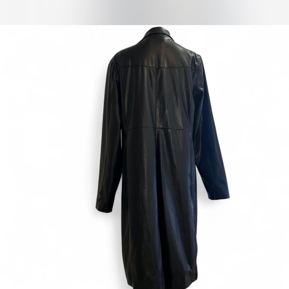 90's Black Faux Leather Long Trench Coat Woman's Large - Picture 2 of 8